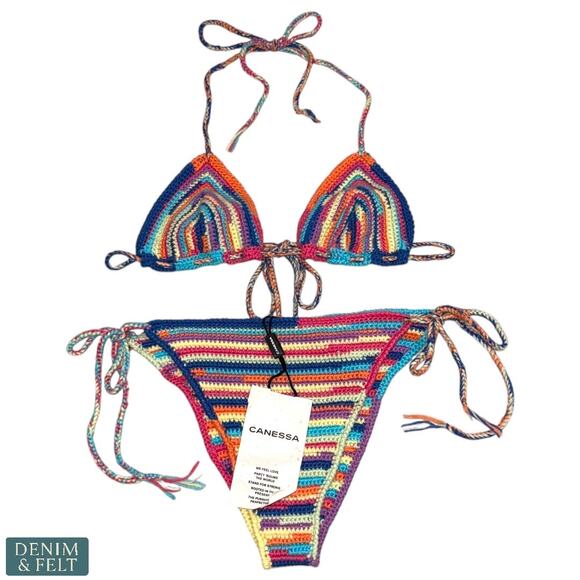 Canessa Rainbow Love Crochet Bikini Set Cashmere Knit Swimwear Size S NEW/NWT!! - Picture 1 of 9